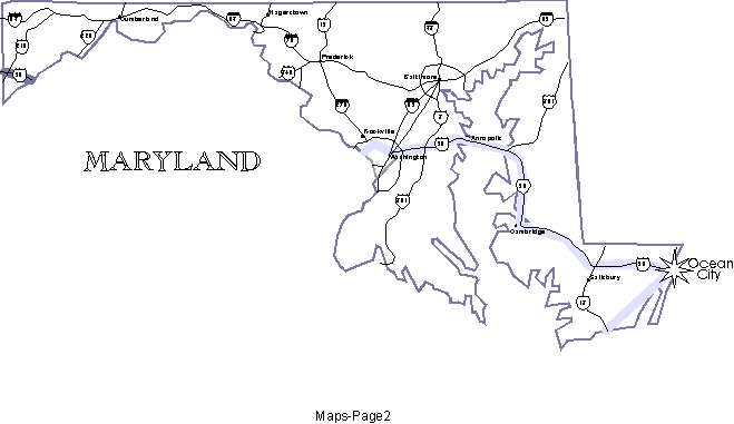US50 - Maryland: Travel US 50 through Maryland, MD. From the Atlantic to the
Allegheny Mountains. Annapolis is the Capital. State motto is: Strong Deeds, Gentle Words, Allegheny Mountains, Ocean City, Salisbury, Cambridge, 
Eastern Shore, Spocott Windmill, ST. Michaels, Easton, Annapolis