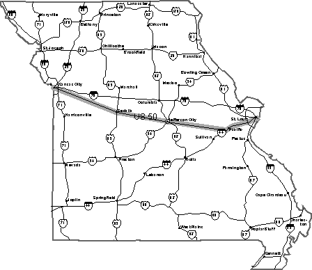 US50 - Missouri: Travel US 50 through Missouri, MO. The Show Me State. The capital
is Jefferson City. The state motto is: The welfare of the people shall be the supreme law. 
MO, Highway 50, The Show Me State, Jefferson City, state motto, California, 
Ozarks, Knob Noster, Whiteman, Warrensburg, Old Drum